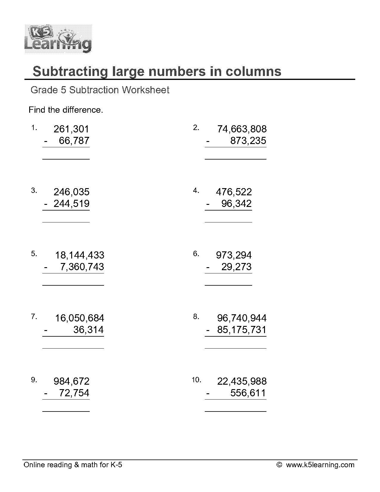 subtracting large numbers worksheet