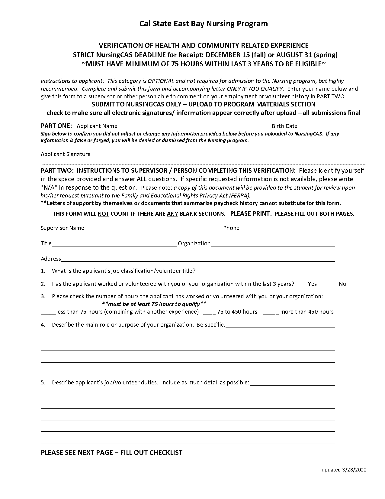 eastbay cal state nursing healthcare experience form