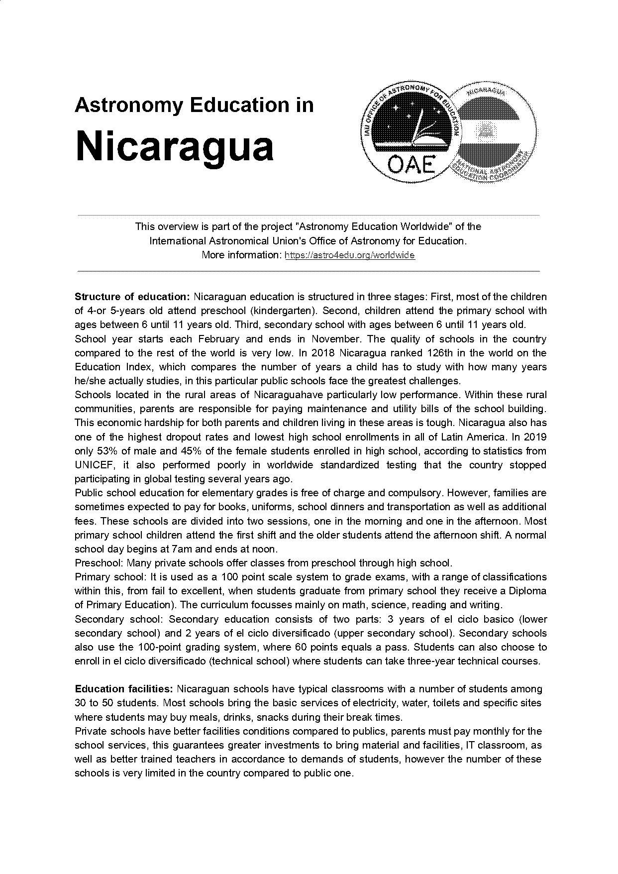 does nicaragua offer free education up to high school