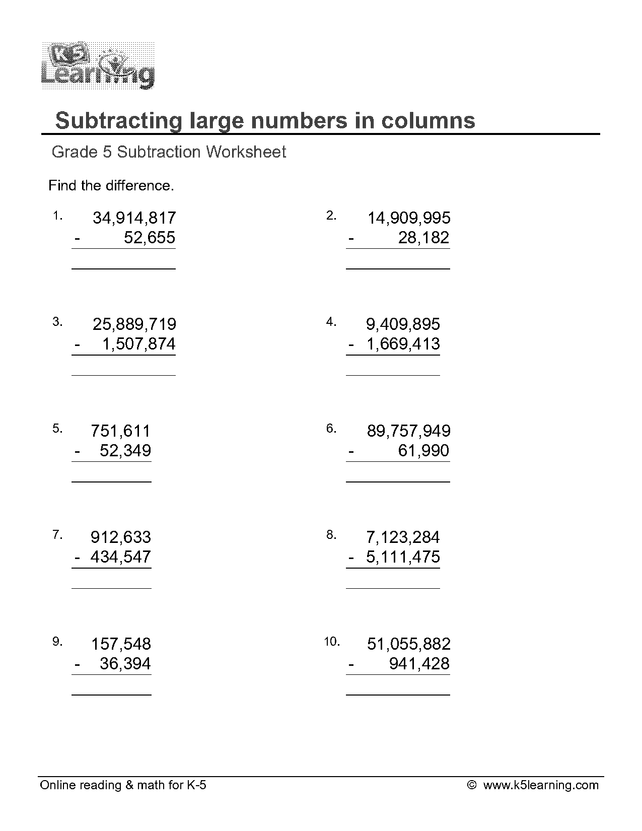 subtracting large numbers worksheet