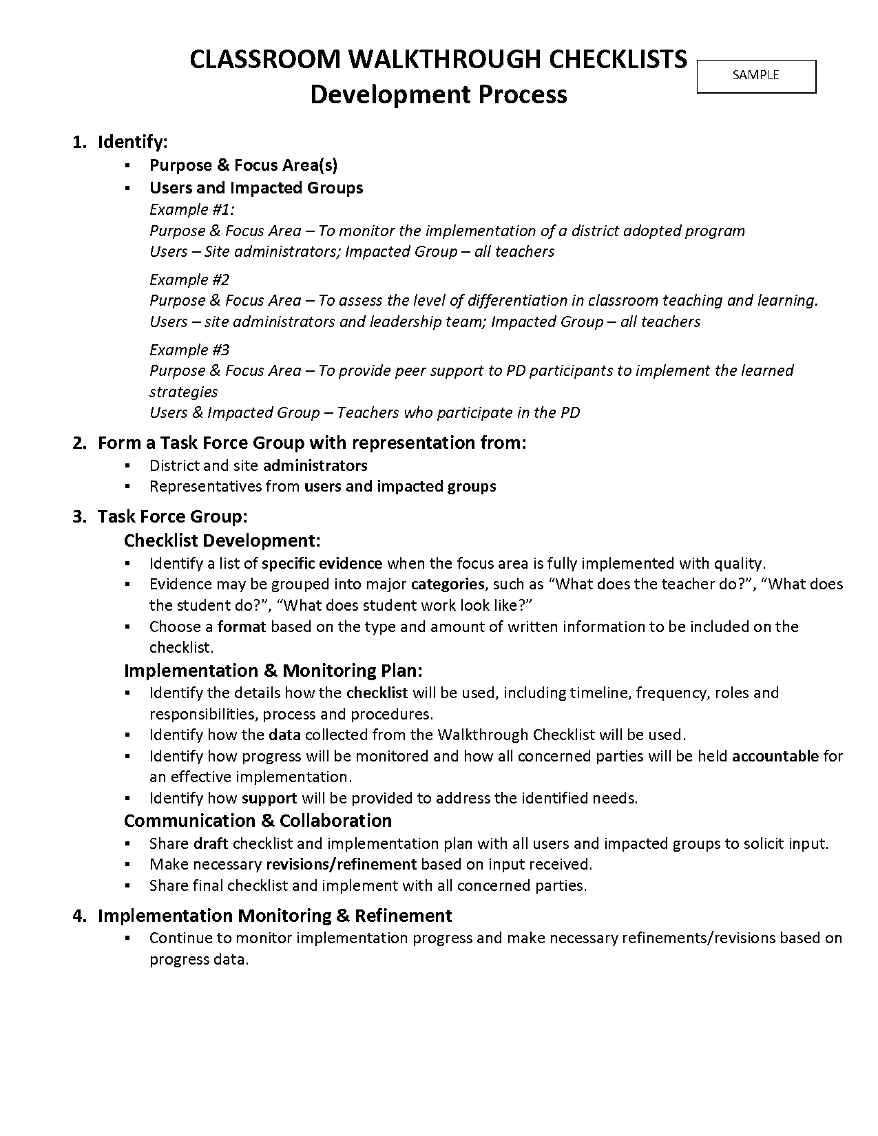 high school classromm walkthrough checklist