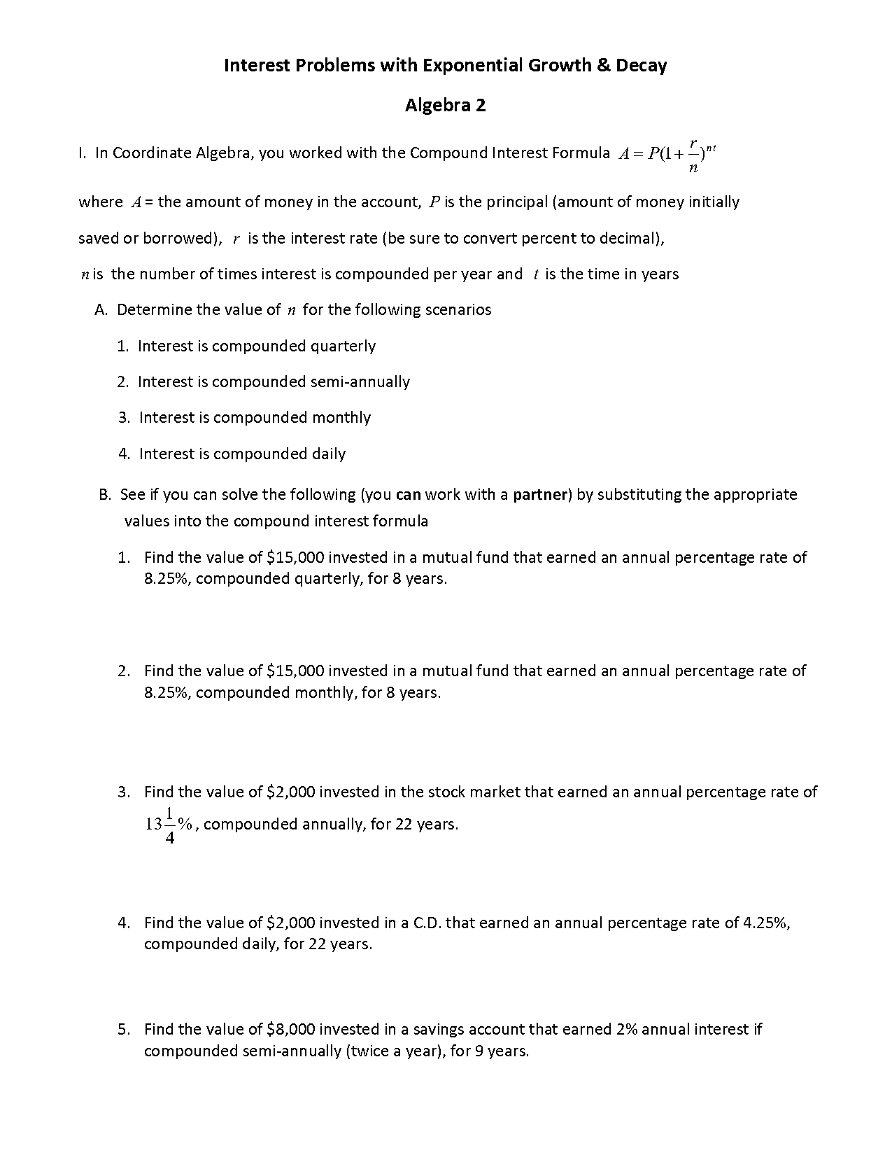 continuous interest formula word problems worksheet