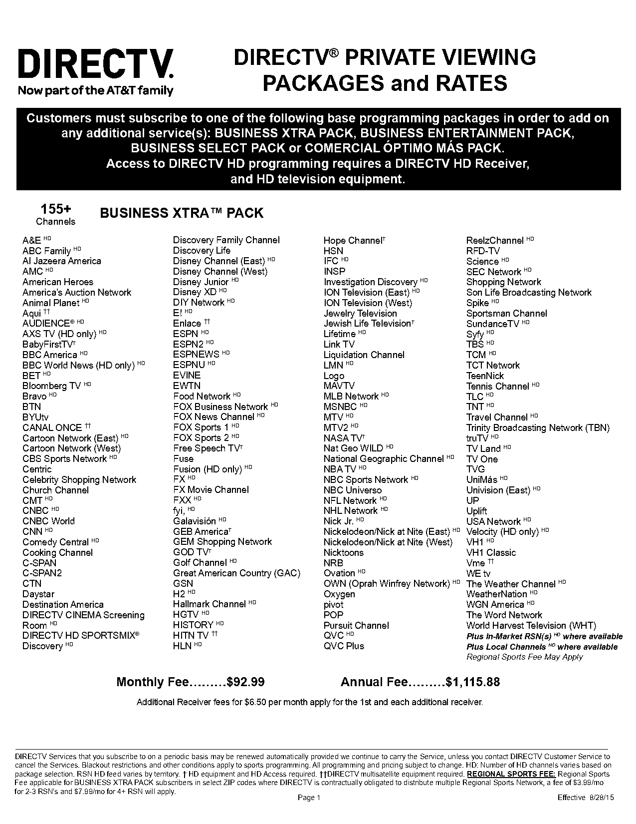 direct tv channel packages prices