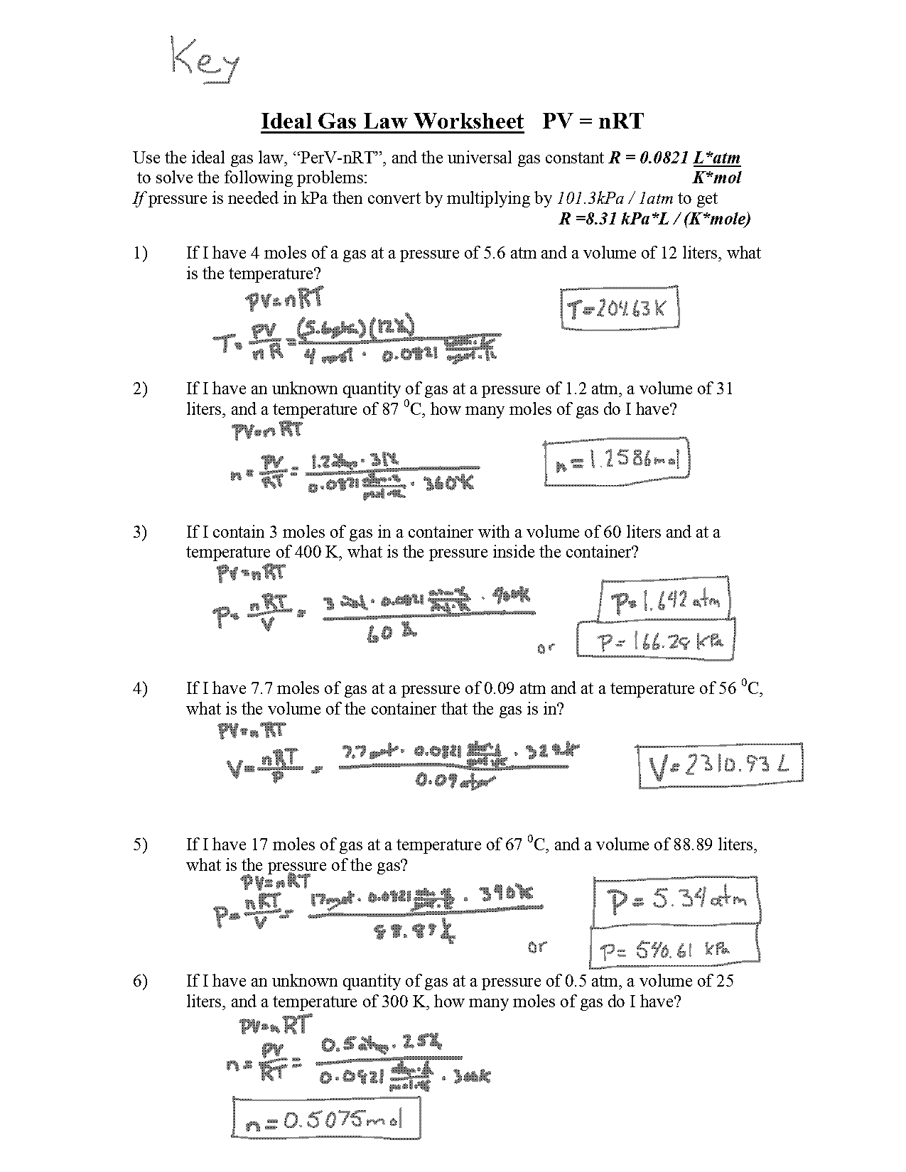 gas law practice problems worksheet middle school