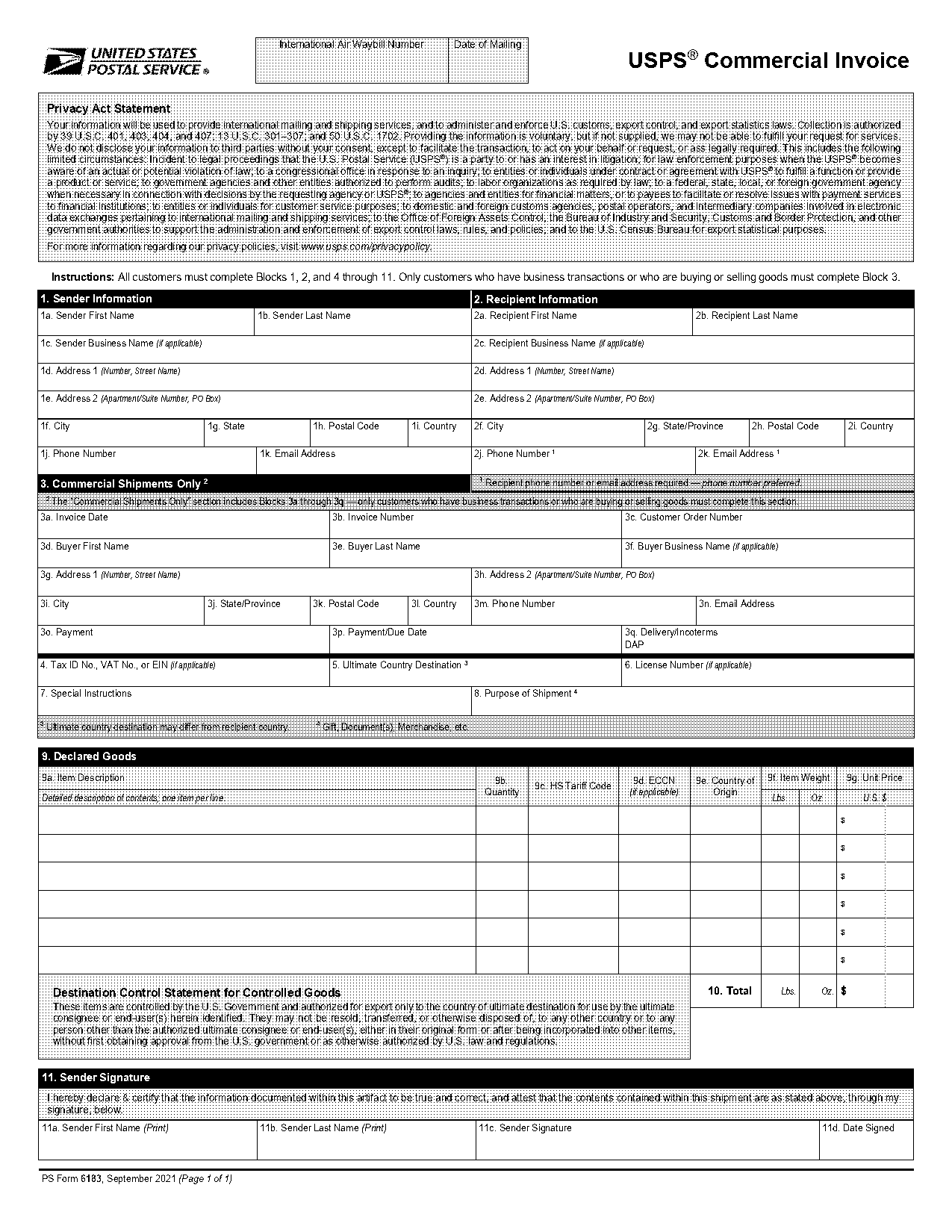 canada export commercial invoice template