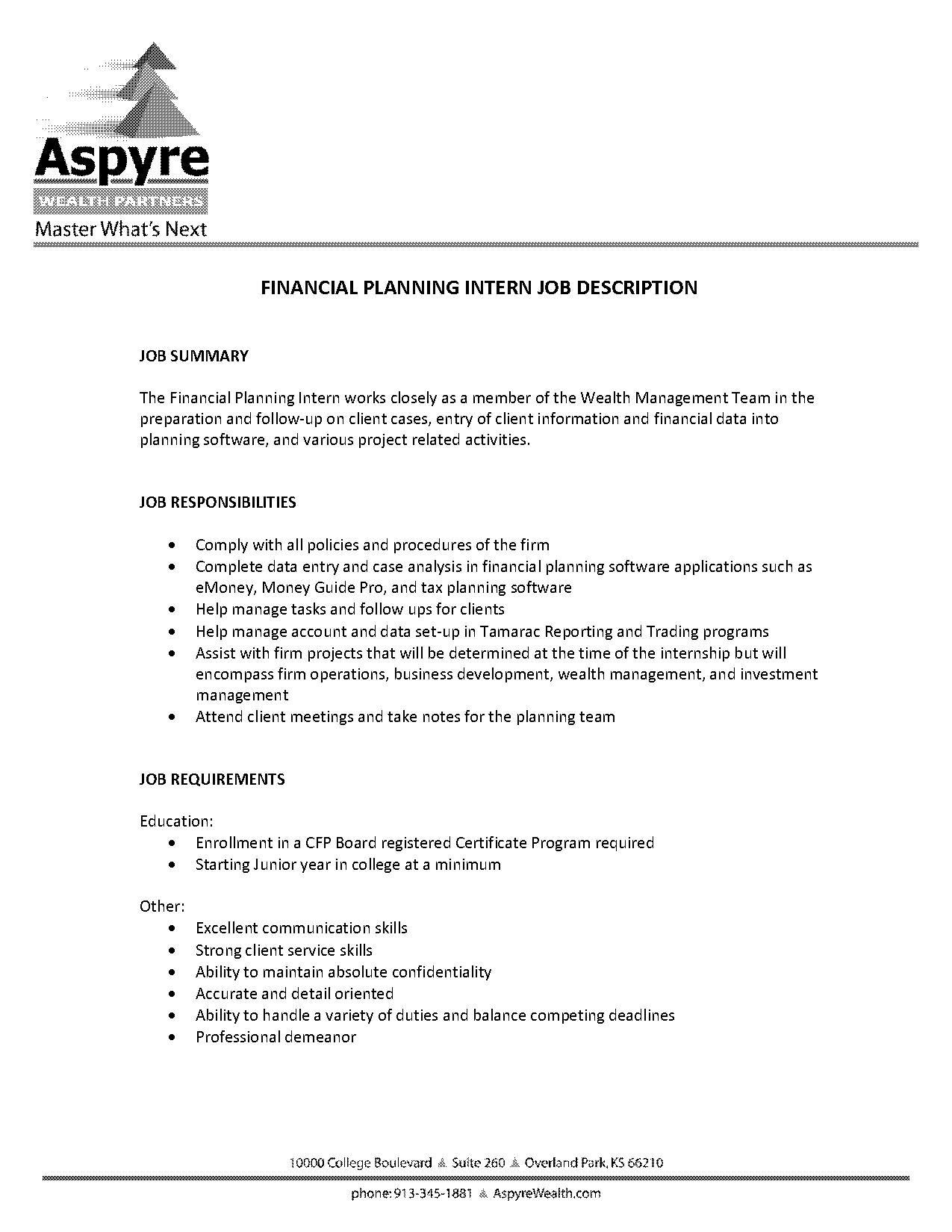 financial planning internships near me