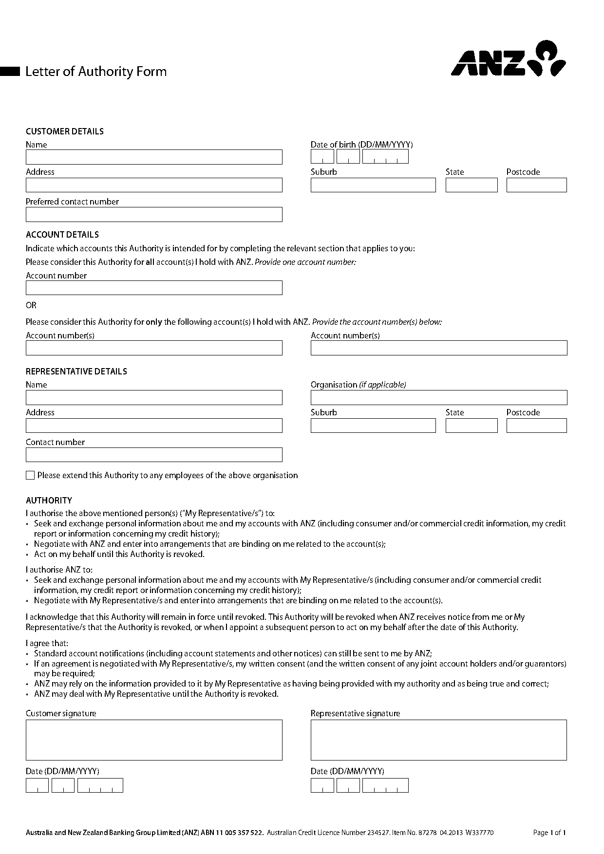 anz third party authority form