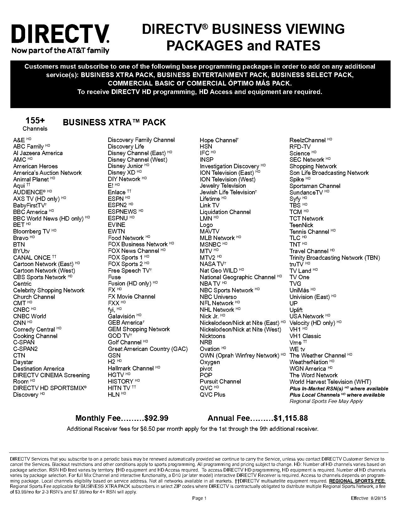 direct tv channel packages prices