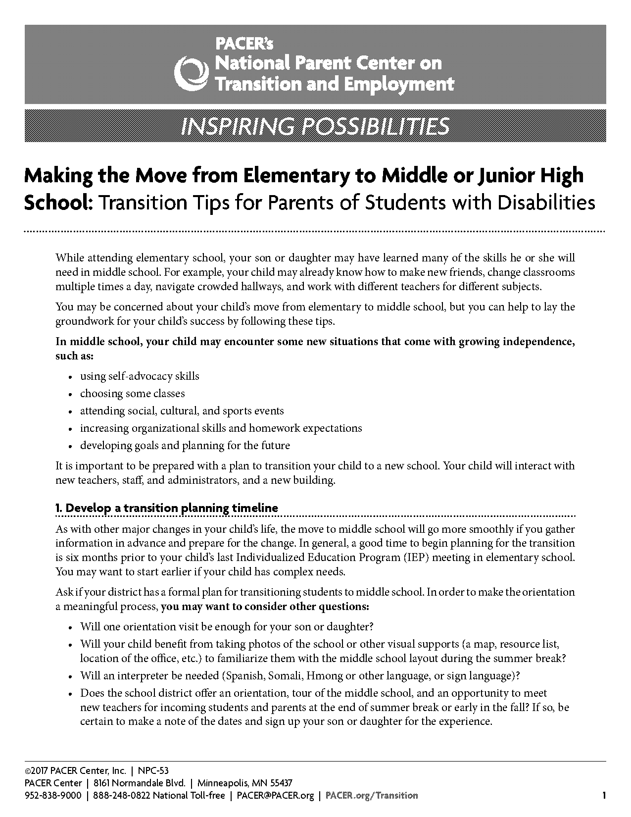 examples of transition plan for elementary to middle school