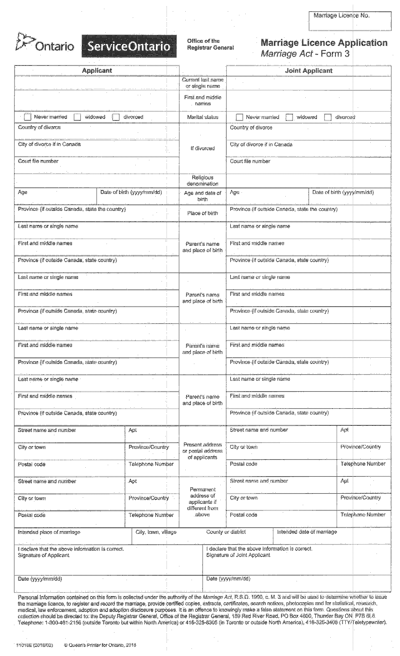 marriage licence form ontario