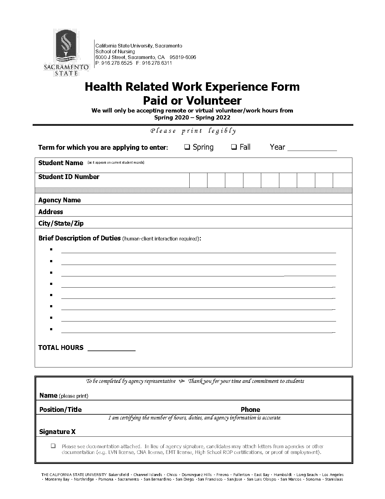 eastbay cal state nursing healthcare experience form