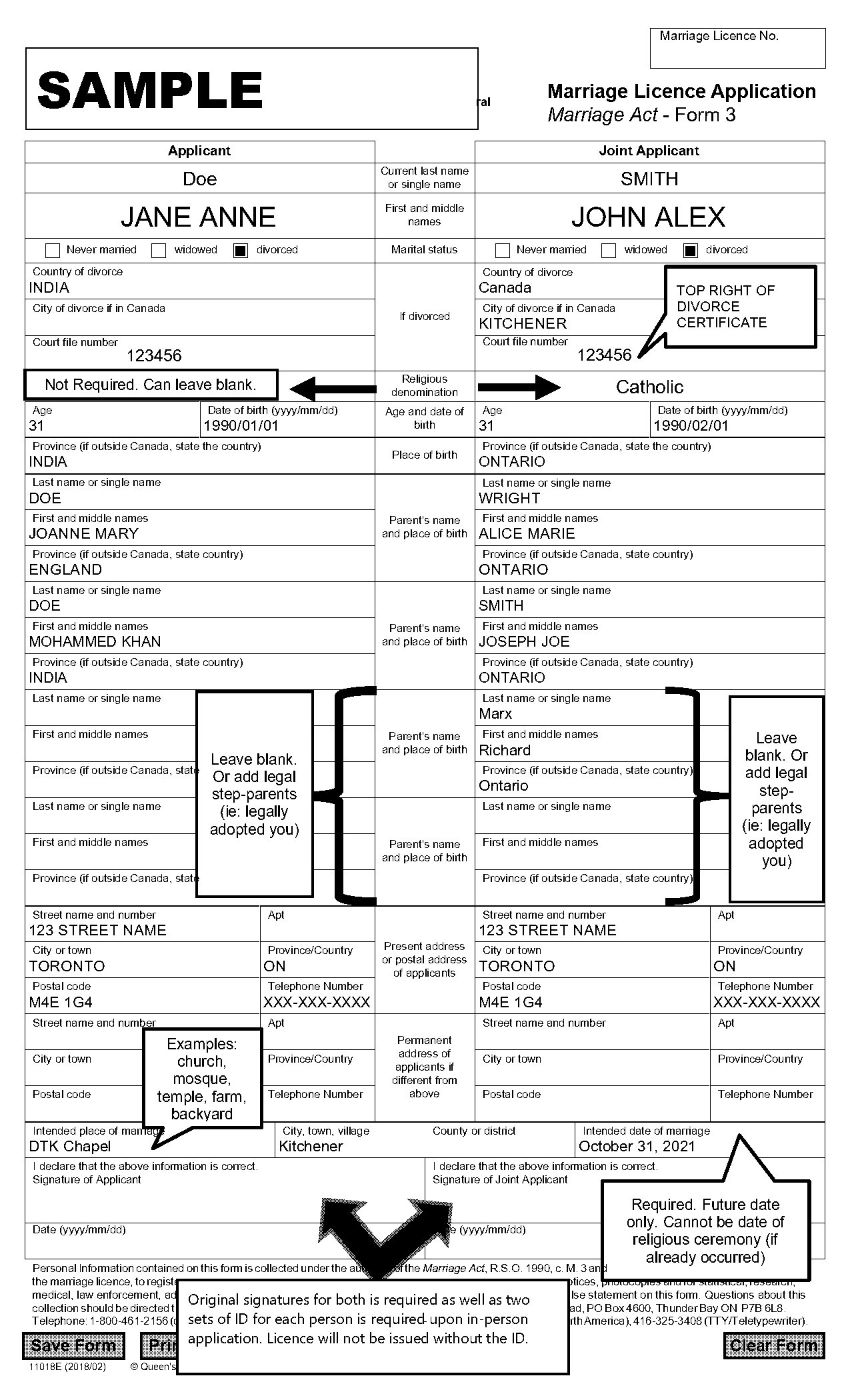 marriage licence form ontario