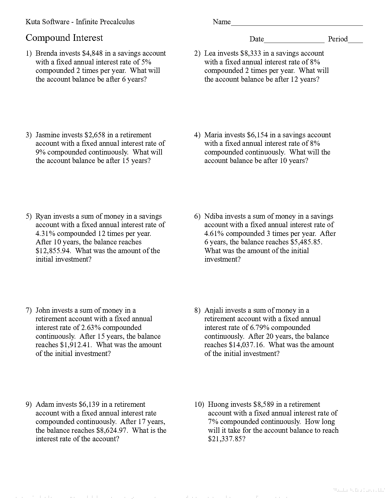 continuous interest formula word problems worksheet