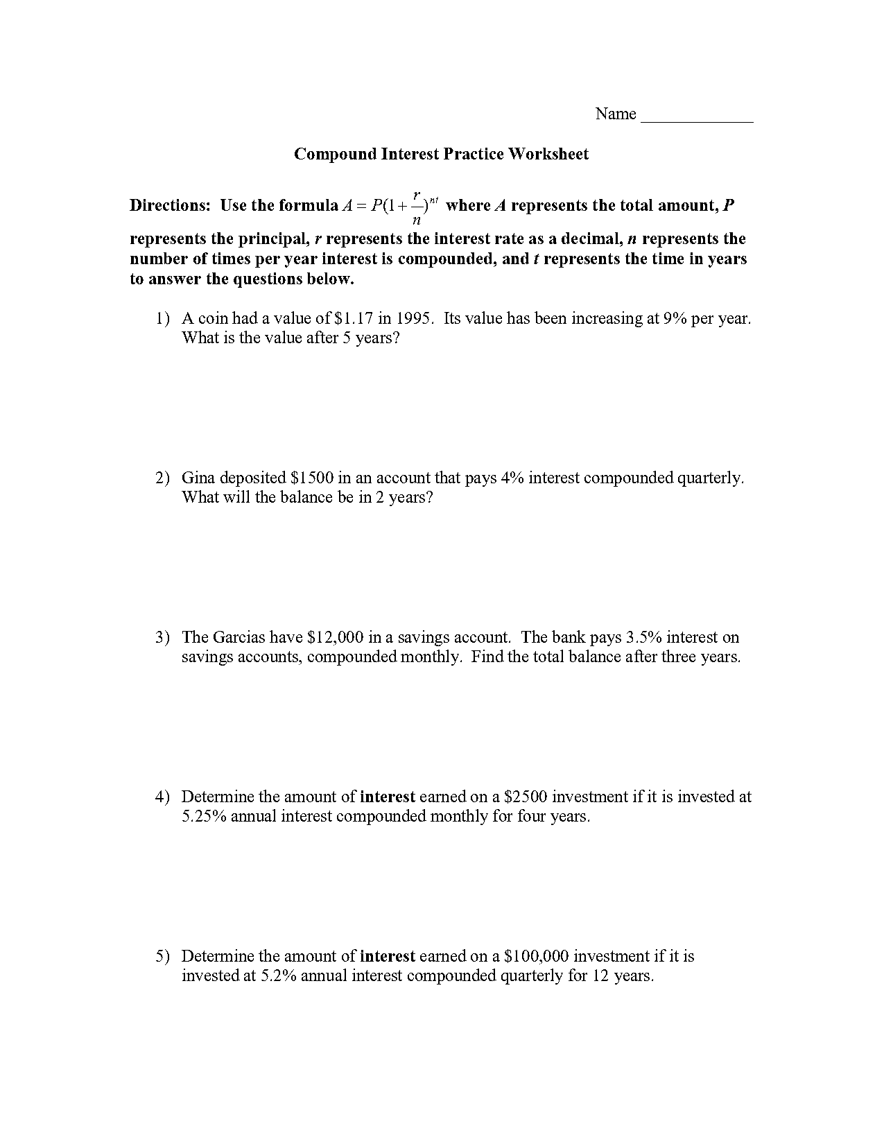 continuous interest formula word problems worksheet