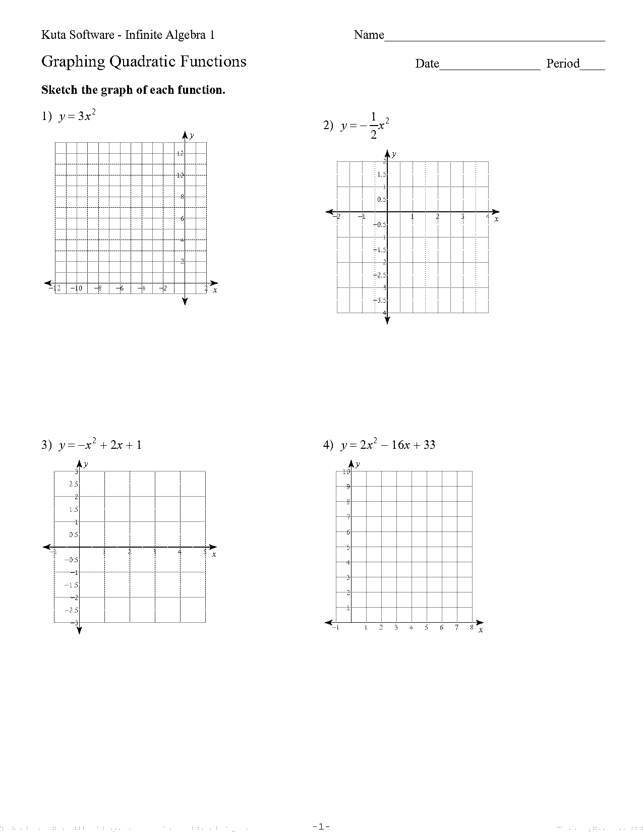 graphing quadratic functions worksheet with answers