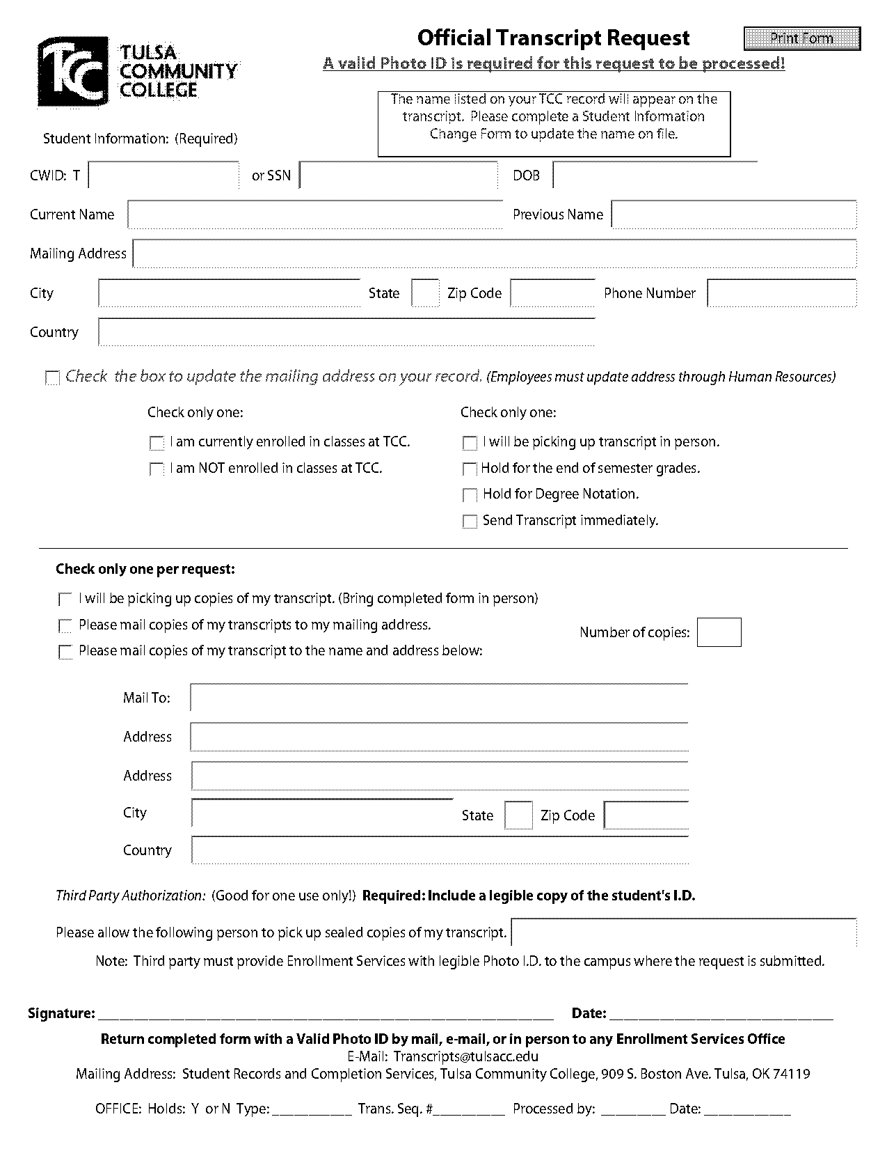 tulsa community college unofficial transcript