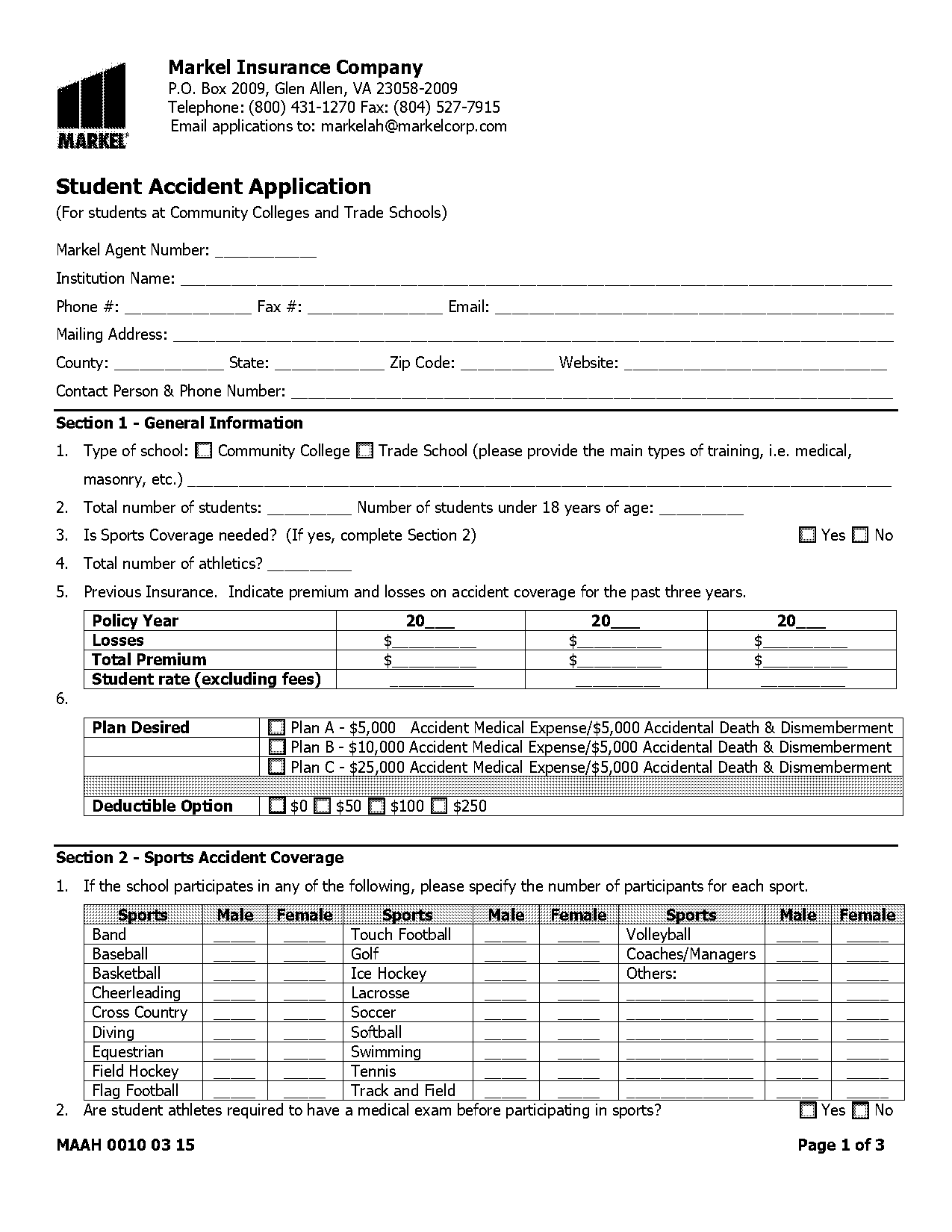 accident application for college