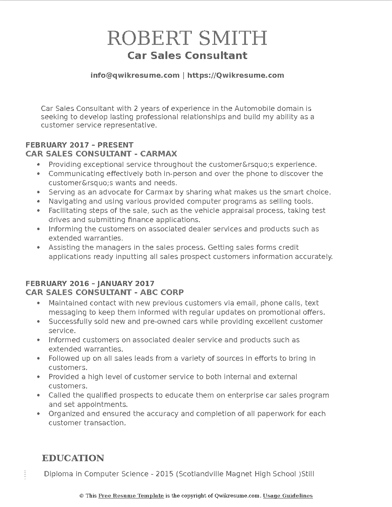 automobile sales consultant resume