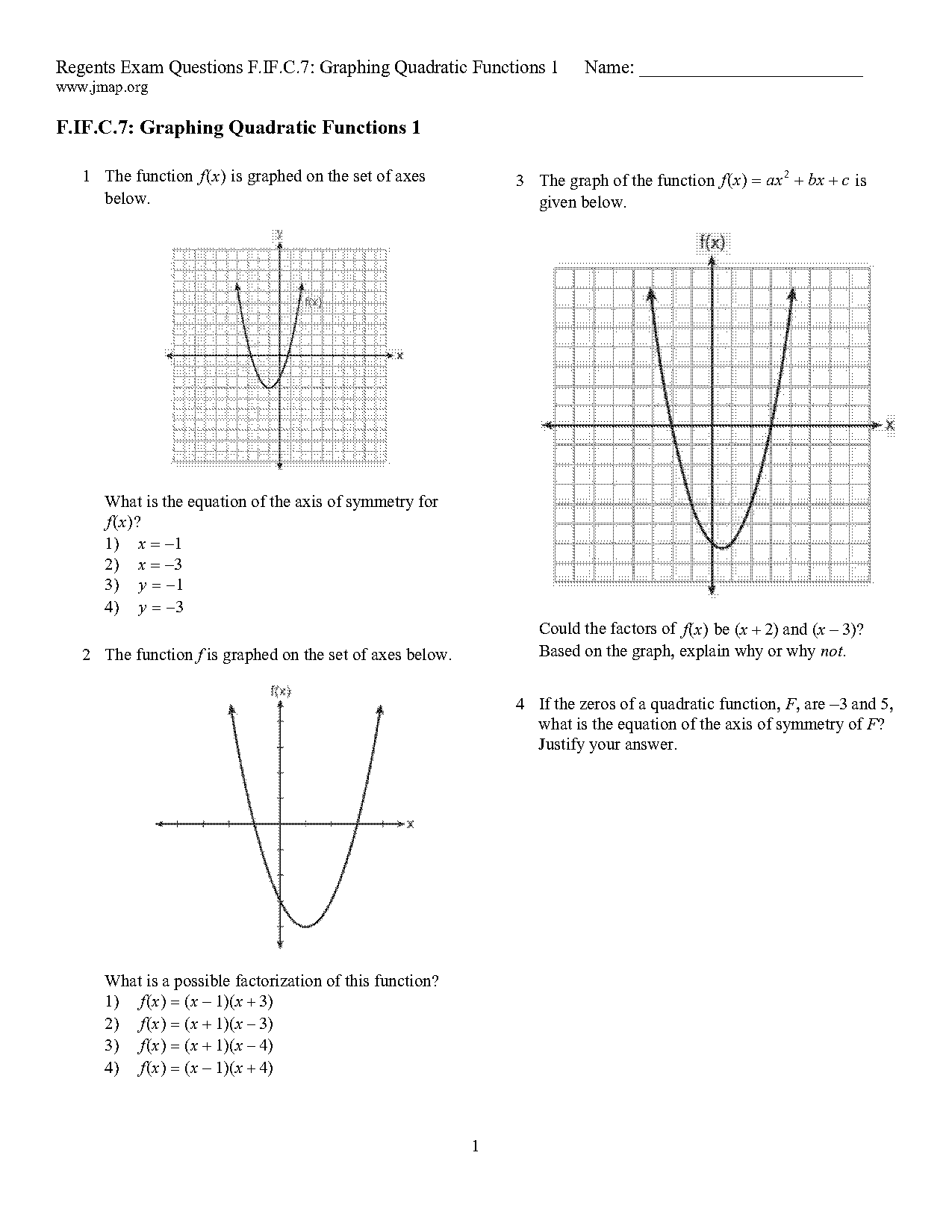 graphing quadratic functions worksheet with answers