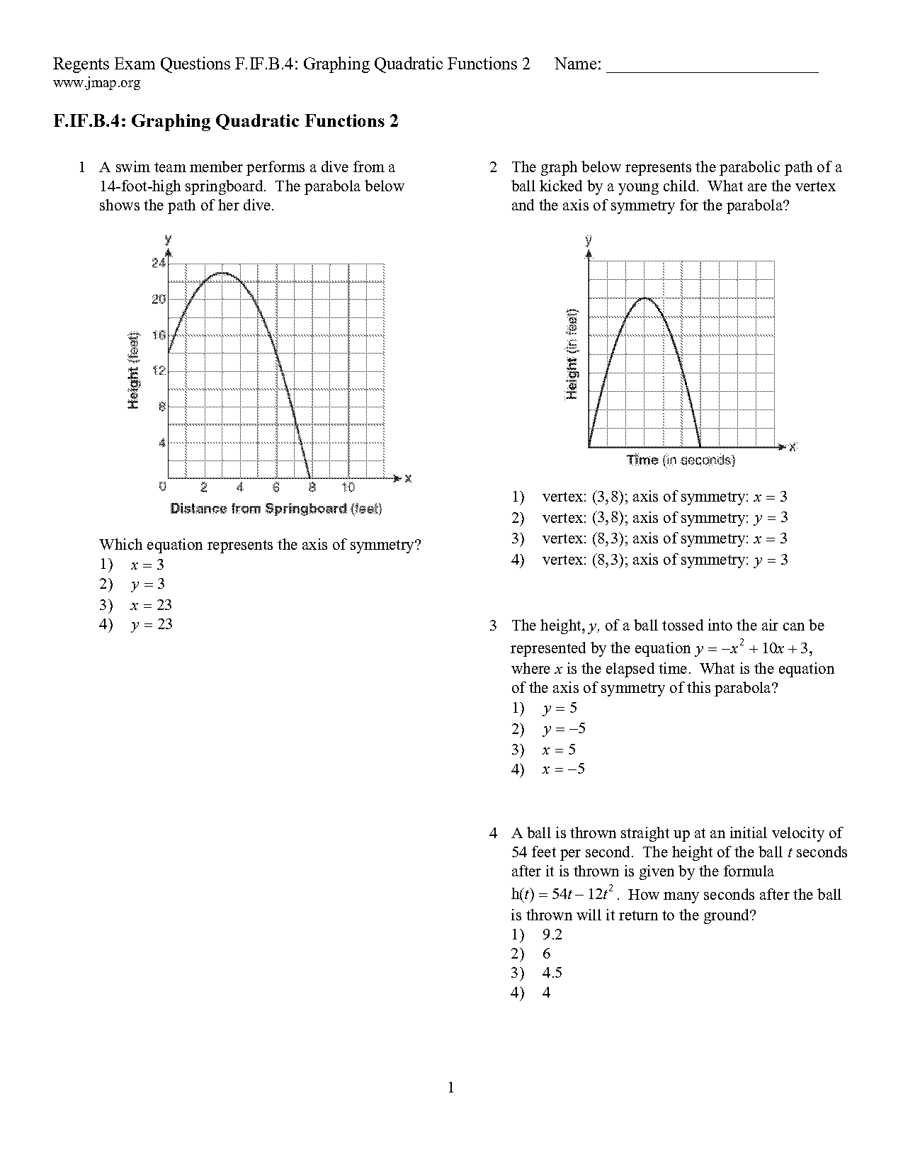 graphing quadratic functions worksheet with answers