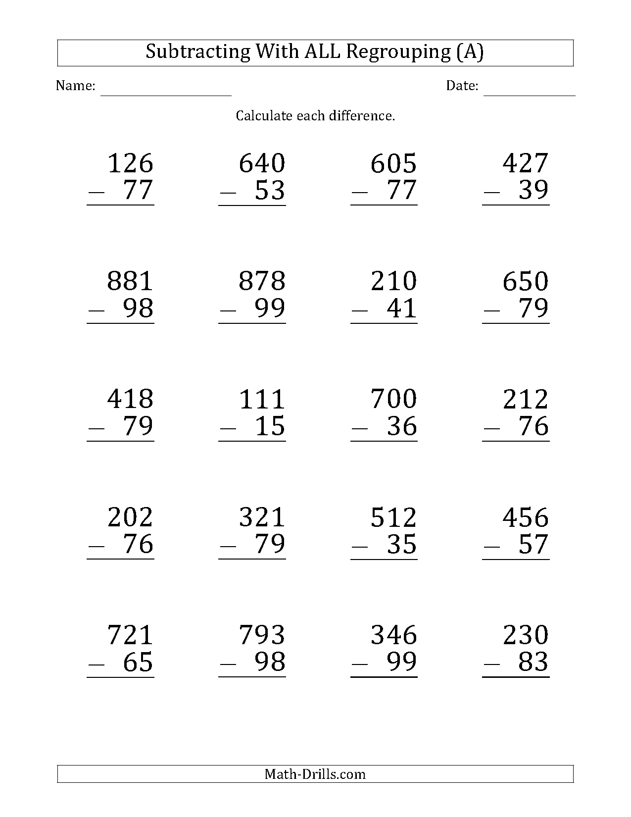 subtracting large numbers worksheet