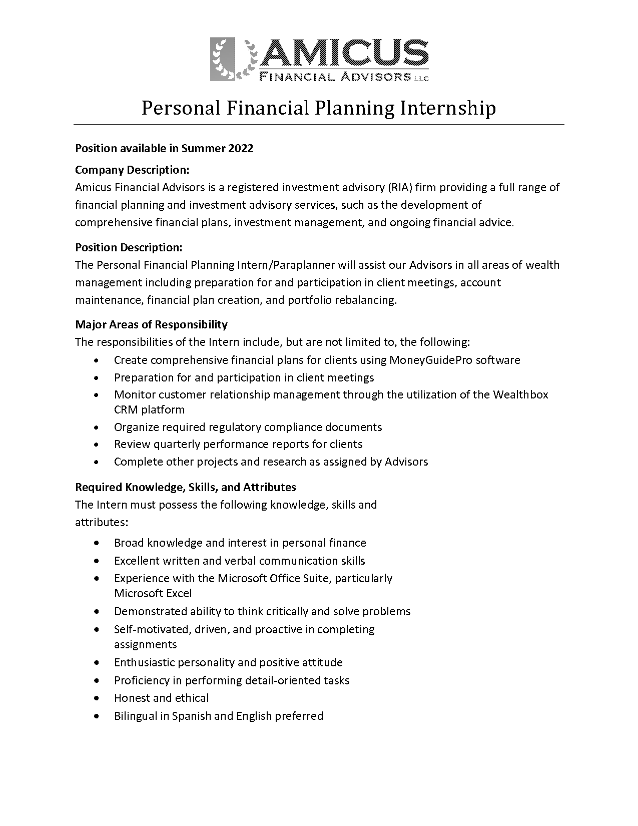 financial planning internships near me