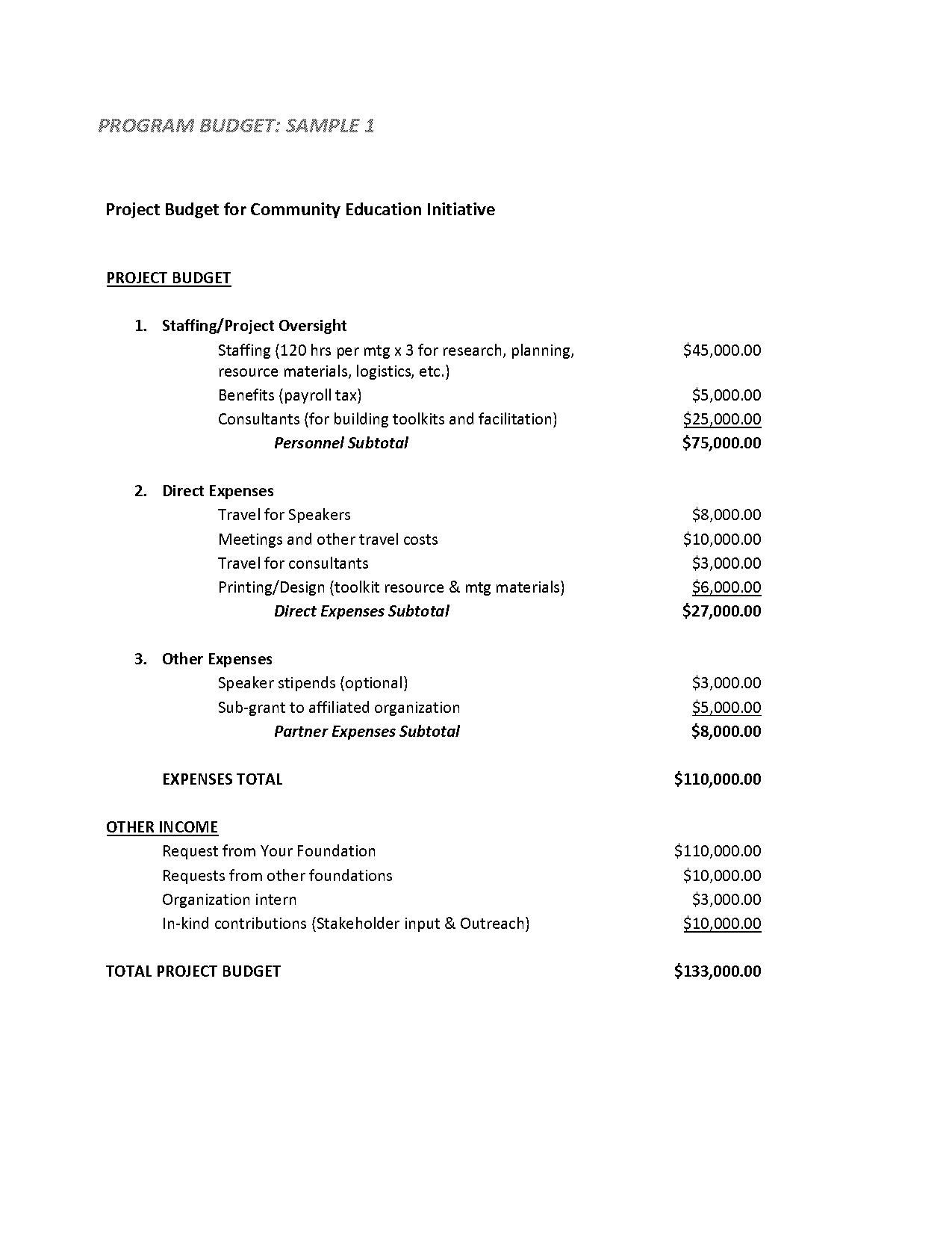 example budget or project