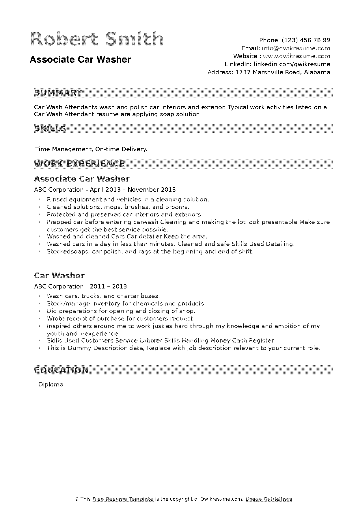 sample resume for car washer