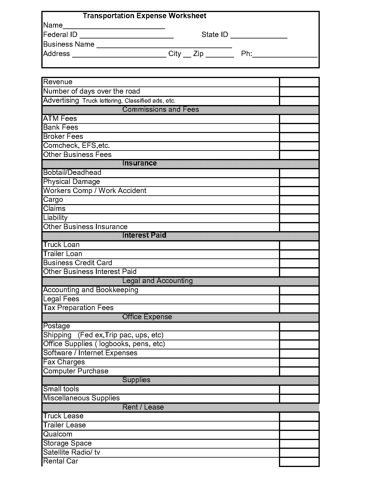 truck driver expense spreadsheet