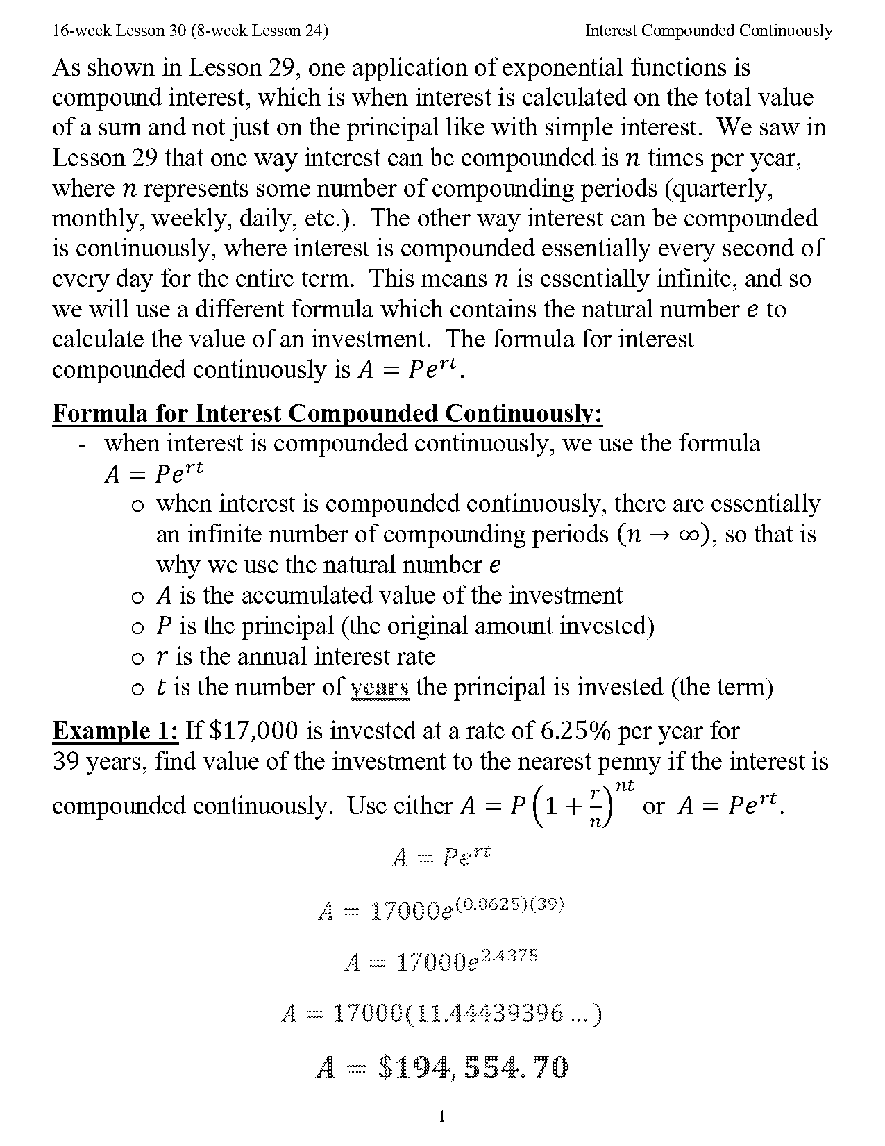 continuous interest formula word problems worksheet