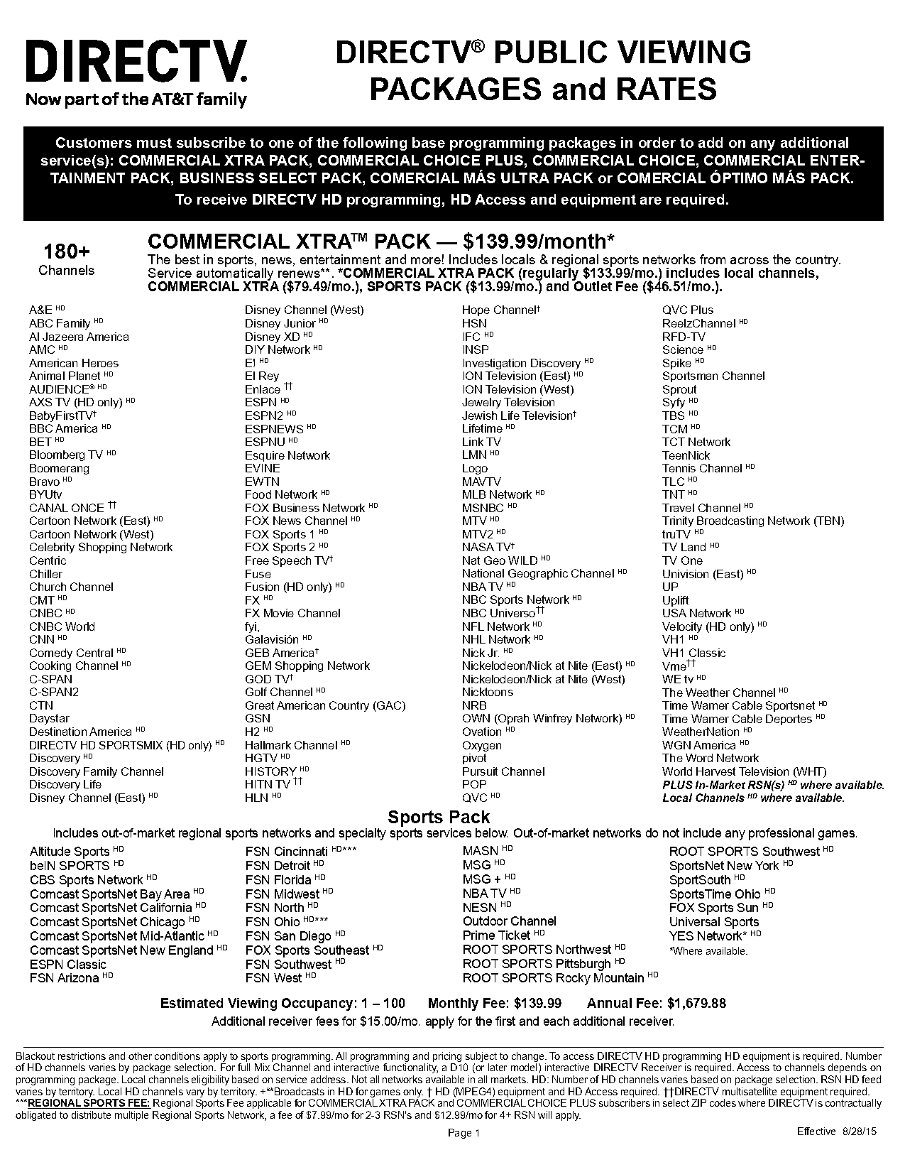 direct tv channel packages prices